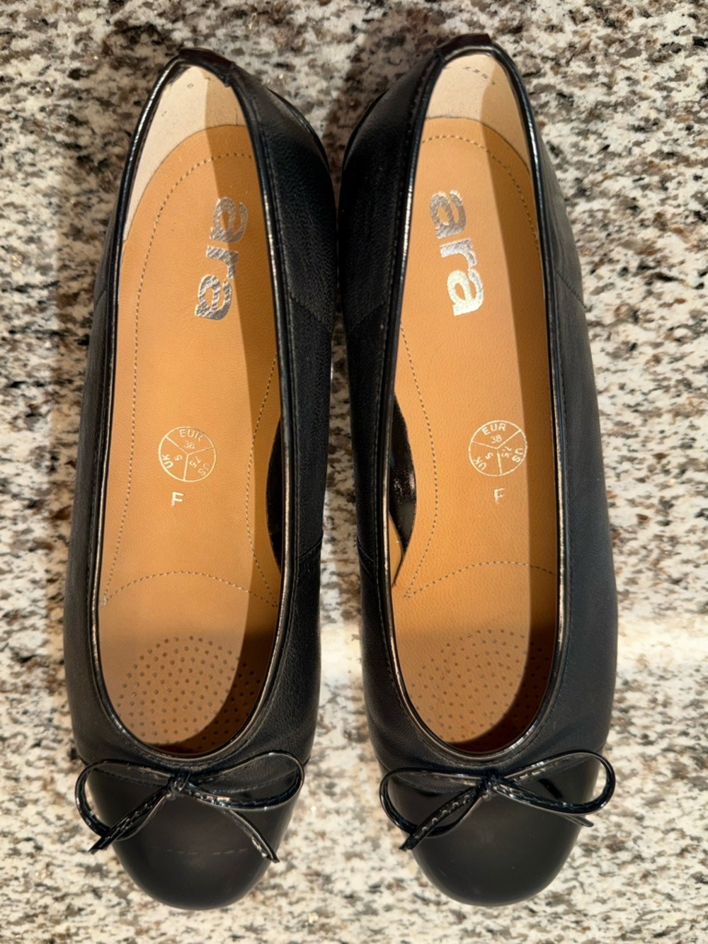 Ara Black Leather Ballet Flats - Size 7.5 - Patent Cap Toe with Bow Detail
